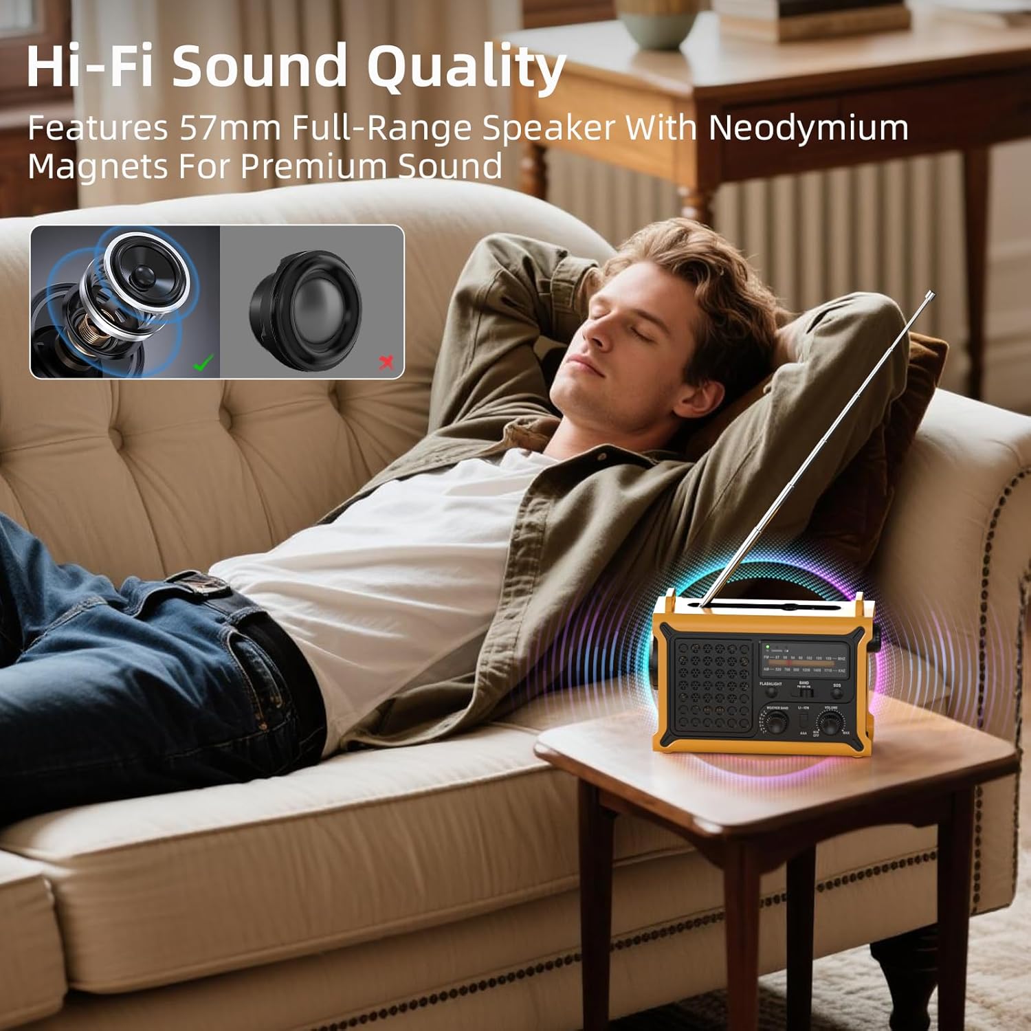 Detalle de Radio Dynamo portable solaire AM/FM avec 12000 mAh – lampe torche, SOS et alimentation d’appoint