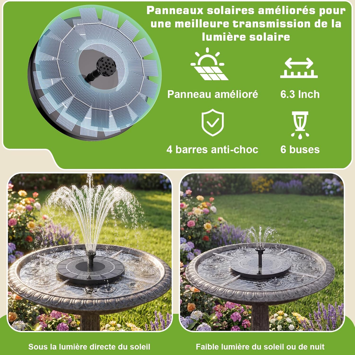 Detalle de AISITIN Solar Springbrunnen für Außen – 2,5 W Solar Teichpumpe mit 6 Fontänenstilen und 4 Stützstangen