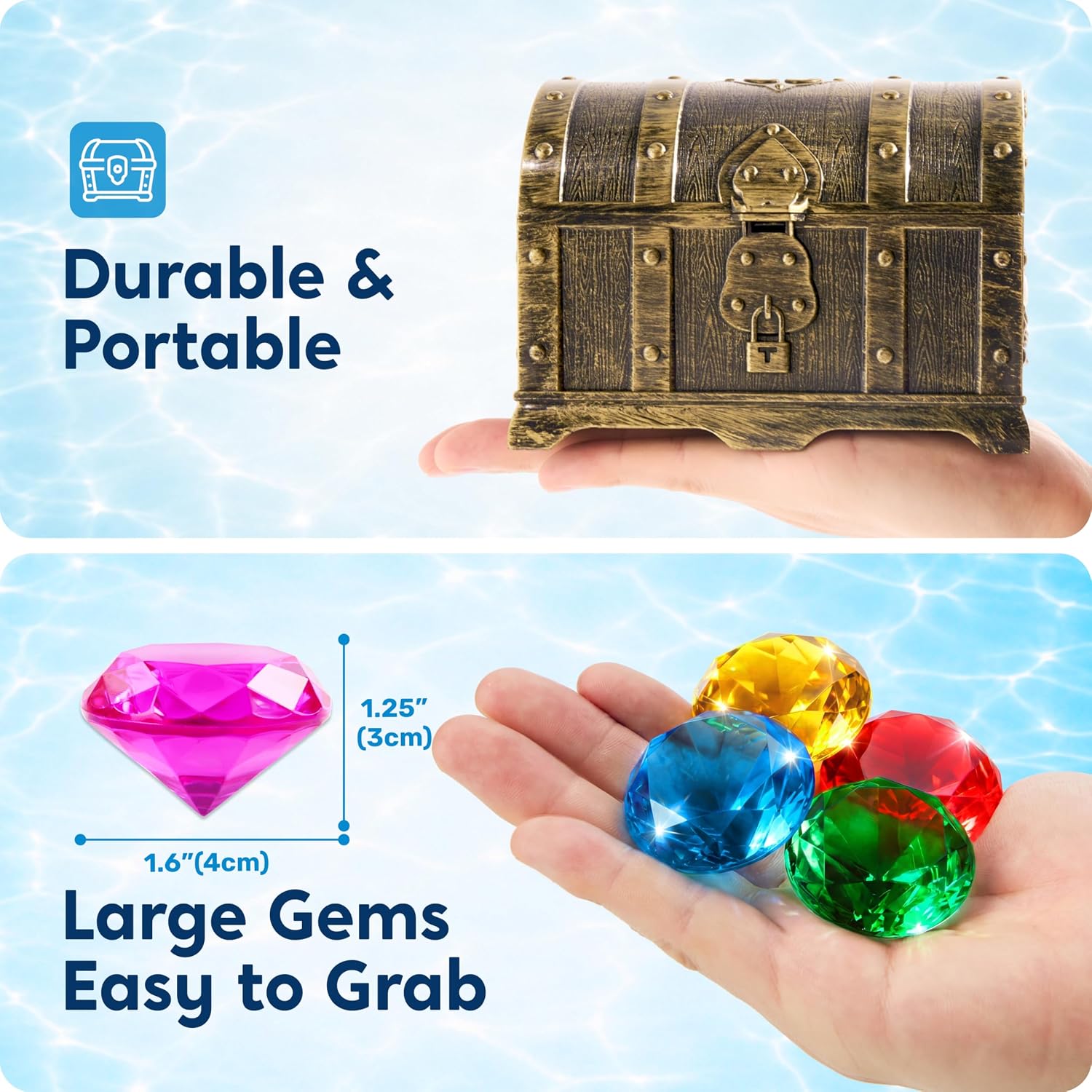 Thumbnail 5 de Sloosh Diving Gems Pool Toys: 16 Big Colorful Diamond Gems with Pirate Treasure Chest (Acrylic Dive & Swim Game)