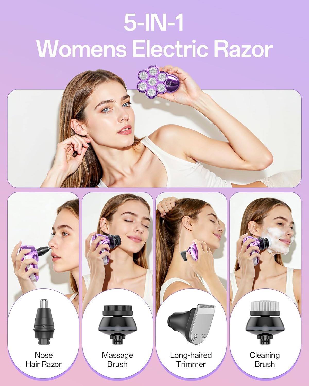 Detalle de 5-in-1 Women’s Electric Razor Kit with 7D Magnetic Heads – Waterproof, LED Display, and USB-C Charge