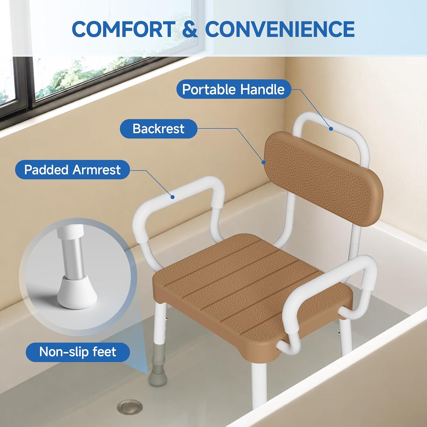Detalle 2 de Loyoda Shower Chair, 350 lb Capacity, Adjustable Height, Removable Arms and Back