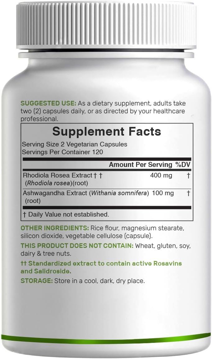 Detalle 2 de DEAL SUPPLEMENT Rhodiola Rosea and Ashwagandha Supplement, 240 Veggie Capsules