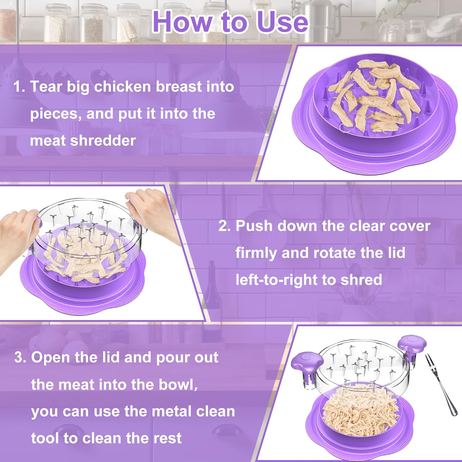 Thumbnail 5 de SURETIVIAN Large Chicken Shredder (Purple) with Twist Handle, Brush & Fork