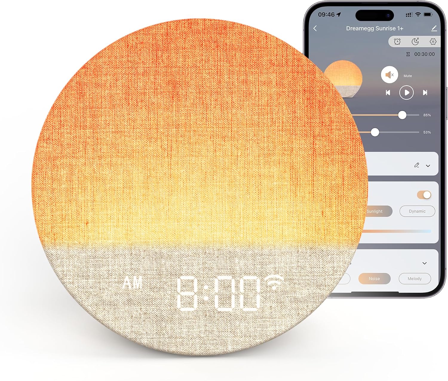 Detalle de Dreamegg Sunrise Alarm Clock Wake-Up Light with App Control (Sunset Sleep & 34 Sounds)