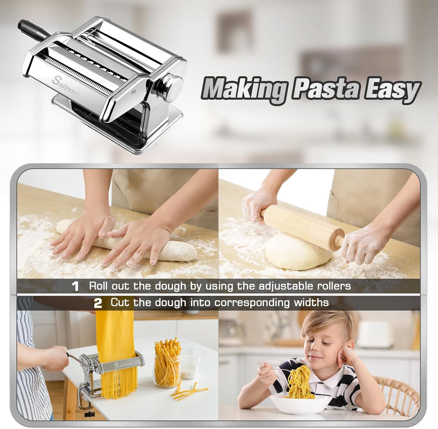 Detalle 2 de Sailnovo 3 in 1 Pasta Maker Machine with 9 Thickness Settings and 2 Width Cutters (Aluminum & Stainless Steel)