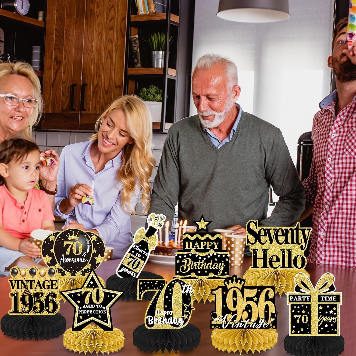 Detalle de Luvart 70th Birthday Decorations – Black and Gold Table Decorations (9pcs) with Vintage Honeycomb Centerpieces