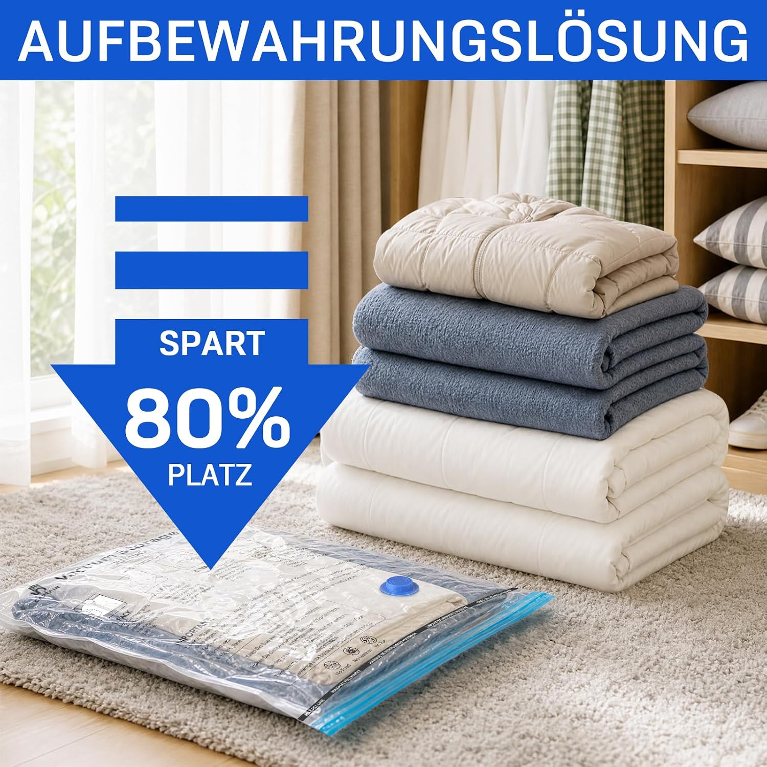 Detalle 2 de Captainfive Vakuumbeutel für Kleidung und Bettdecken – 12 Stück in 3 Größen (4×100×80 cm, 4×80×61 cm, 4×60×41 cm) mit Pumpe