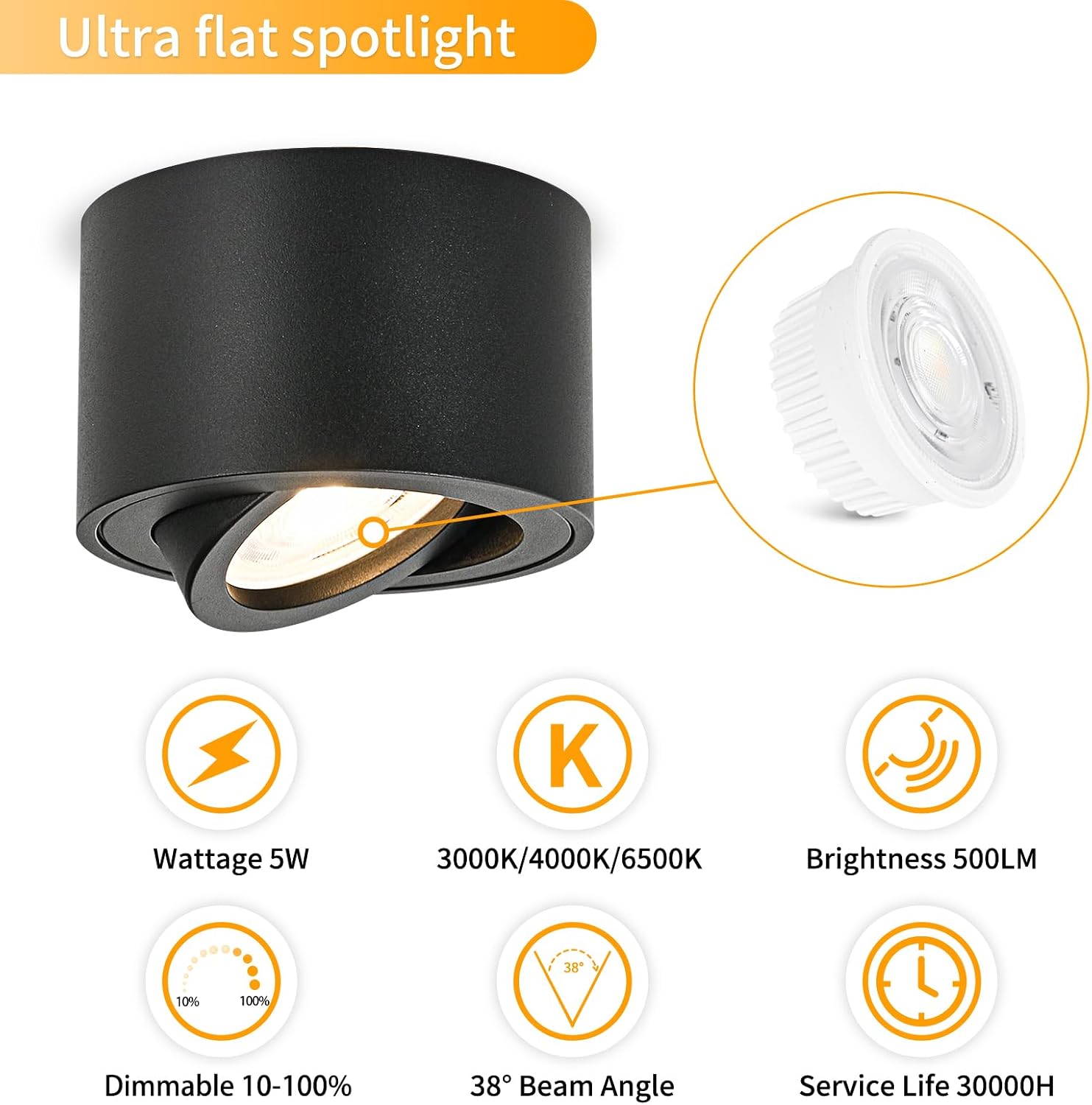 Detalle de GeyouLux LED Aufbauspot dimmbar Extra Flach 30° schwenkbar (2 Stück) Ø80x50 mm, Schwarz – 5 W, 3CCT 3000K/4000K/6500K