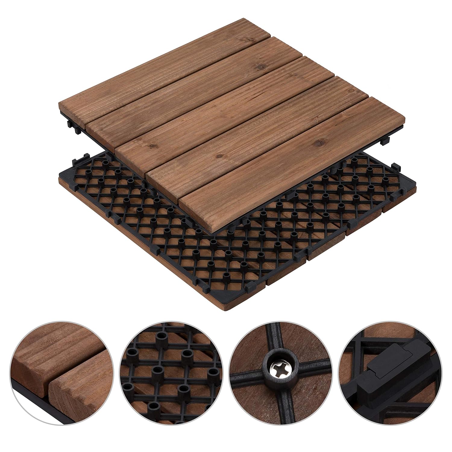 Thumbnail 3 de Yaheetech Piastrelle Esterno 30x30 cm – 11 pezzi in legno per pavimento giardino, incastro, marrone scuro