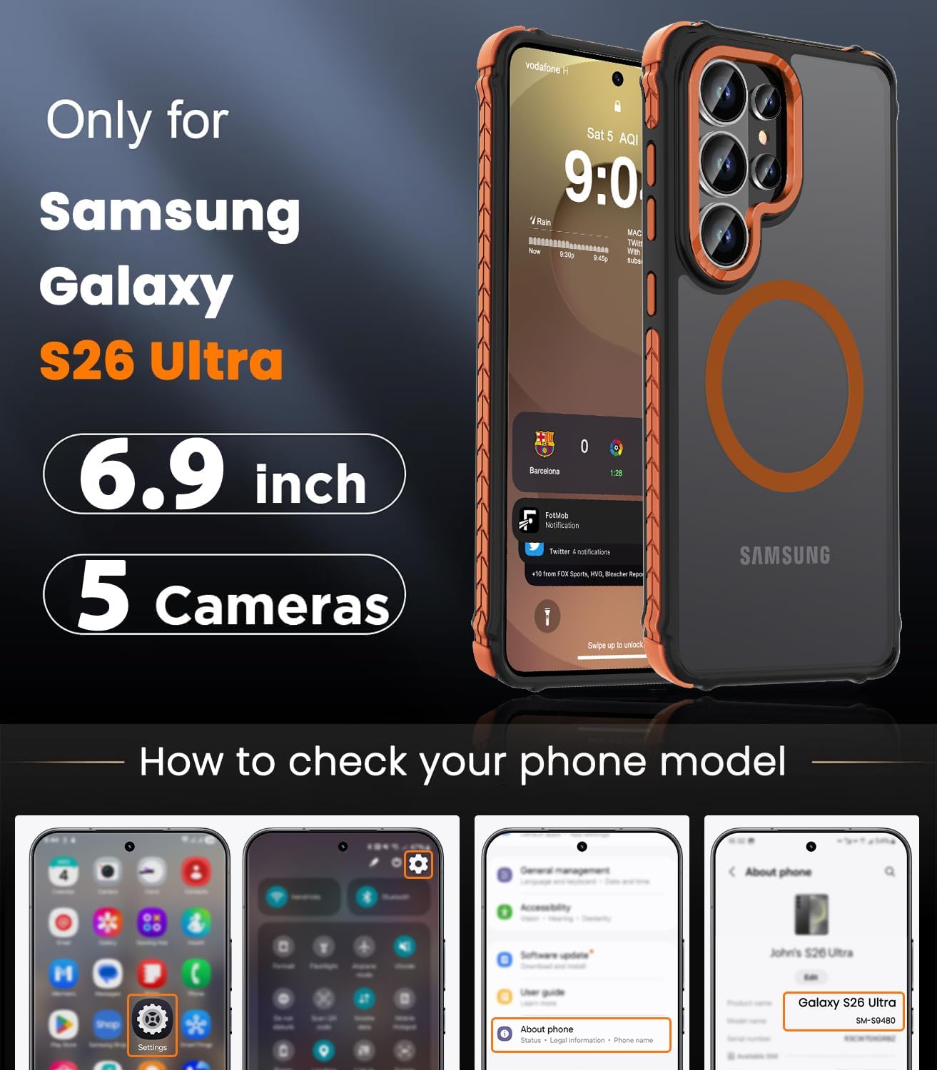 Thumbnail 1 de DEERLAMN Strong Magnetic Case for Samsung Galaxy S26 Ultra (6.9-inch, 2025) — Frosted Orange MagSafe-Compatible Drop Protection