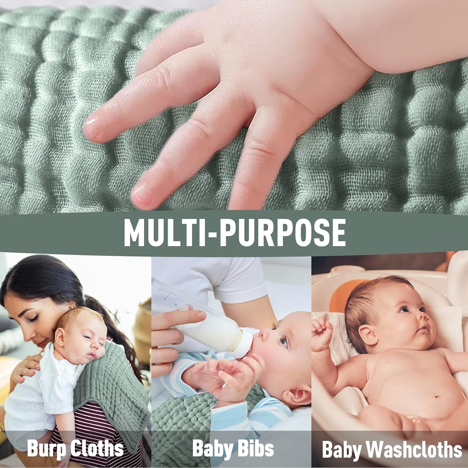Detalle de Yoofoss Baby Muslin Squares 10 Pack – 4-layer 100% cotton face cloths (Dark Green), 30x50cm