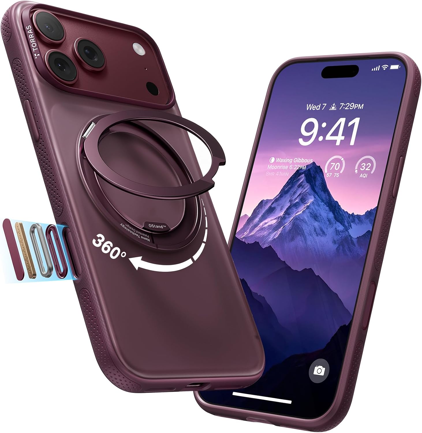 Detalle de TORRAS O3 Fitness Series Case for iPhone 18 Pro Max, 360° Stand, Burgundy