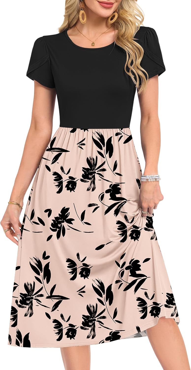 Detalle 2 de MOLERANI Damen Sommerkleider – Kurzarm Midikleid mit Tasche, A-Linien-Schnitt