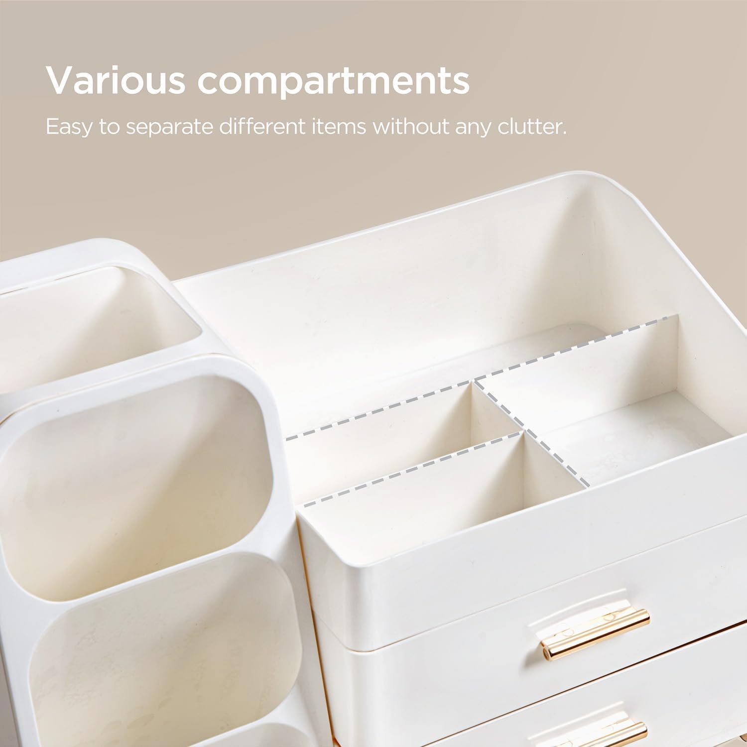 Detalle de HBlife Kosmetik Organizer mit Schubladen – 3-in-1 Make-up Aufbewahrung, Große Kapazität, Weiß