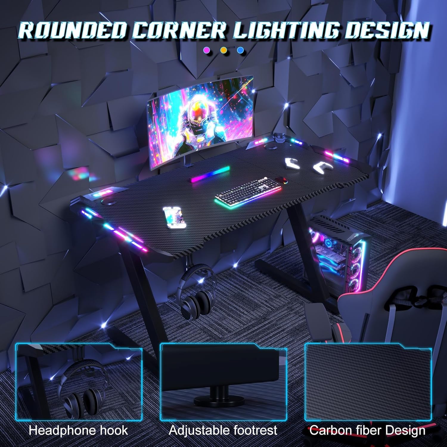 Thumbnail 6 de JUMMICO 120 x 60 cm Gaming Desk with LED Lights – Sturdy Carbon Fibre Surface, Headphone Hook & Cable Management