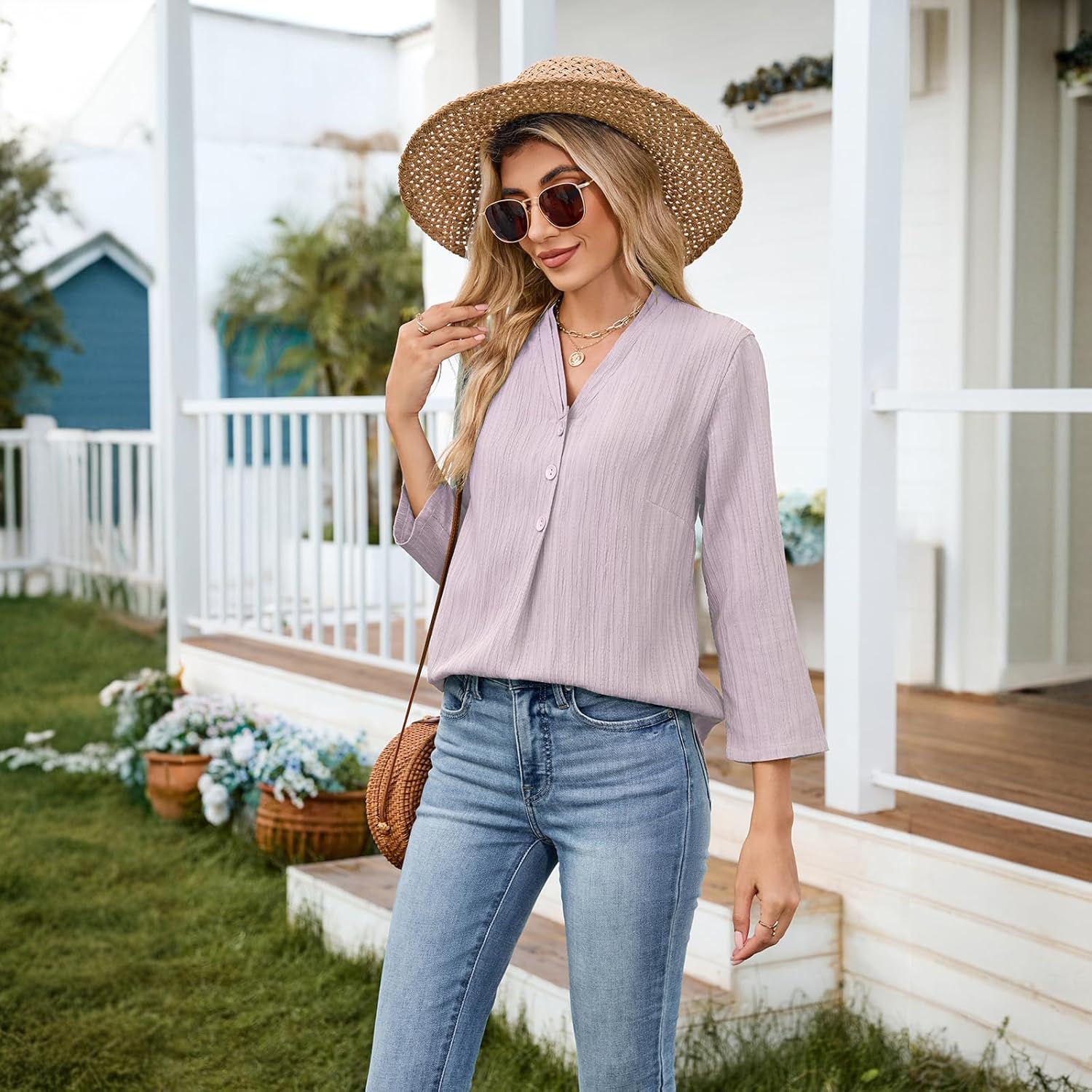 Thumbnail 2 de Damen 3/4-Arm Bluse/V-Ausschnitt Tunika – Sommer Elegant für Business Casual & Freizeit