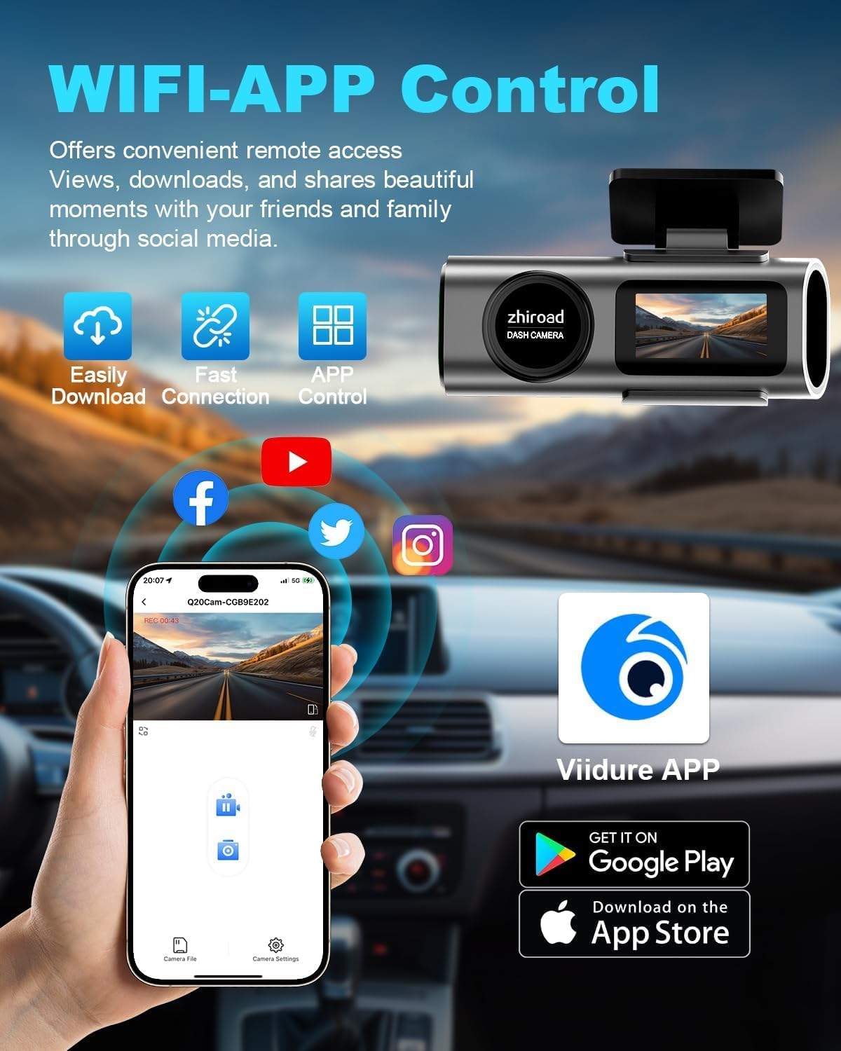 Thumbnail 2 de 4K Dash Cam Front and Rear with 64GB SD Card – Dual Channel, WiFi App Control, Night Vision & Parking Mode