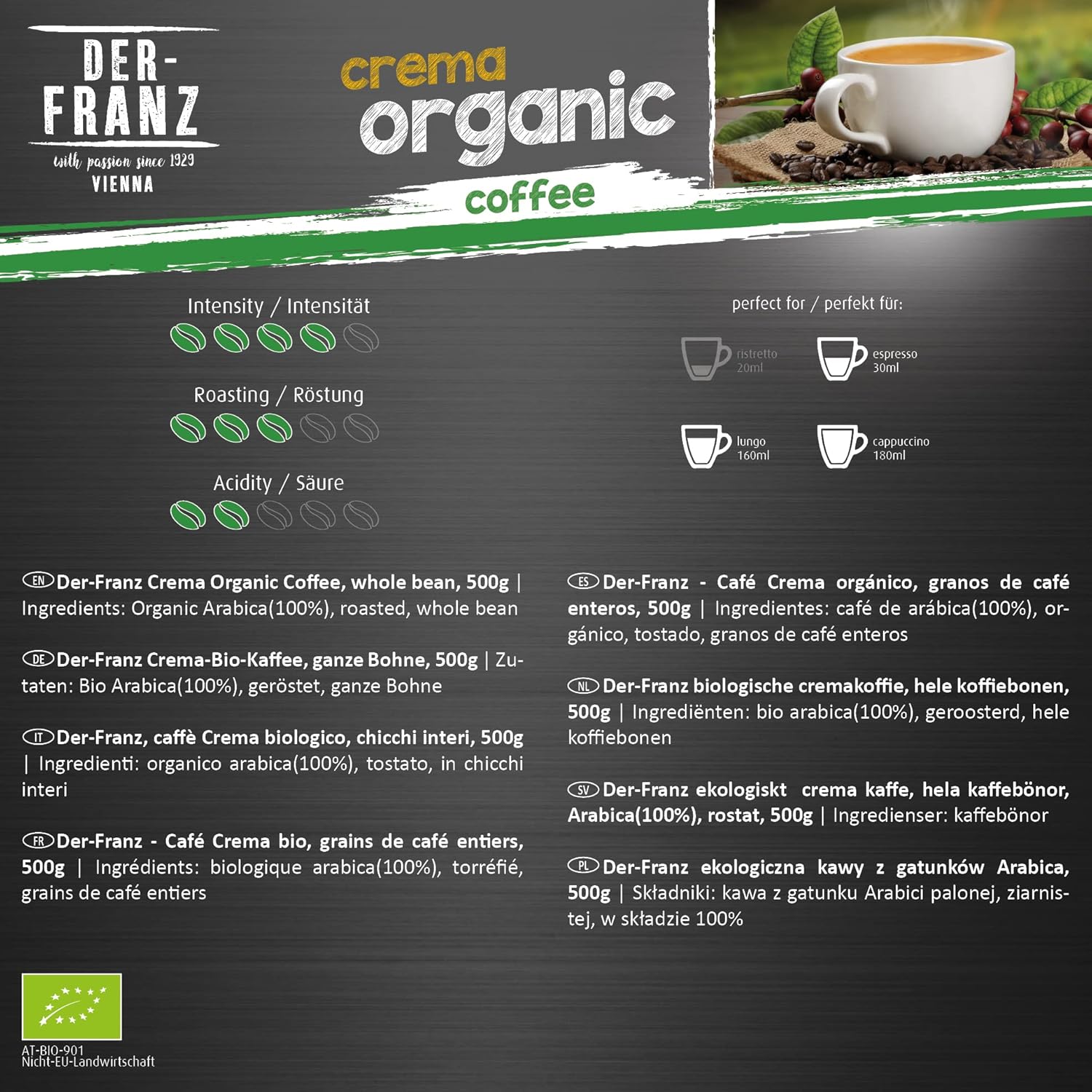 Thumbnail 2 de Der-Franz Crema Bio Kaffee ganze Bohne (3 x 500 g) – 100 % Arabica für Espresso, Lungo & Cappuccino