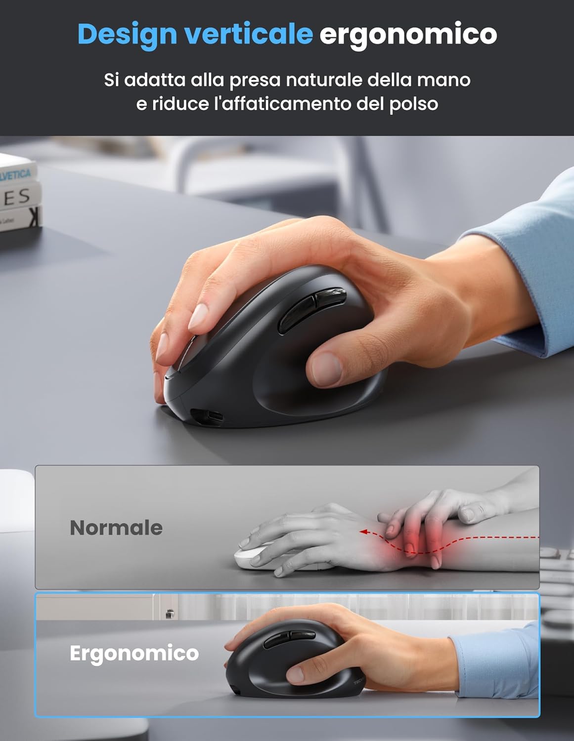 Thumbnail 1 de TECKNET Mouse Verticale Ergonomico Bluetooth 5.0/3.0 + 2.4G, DPI 4800, Silenzioso, 6 Bottoni, Nero