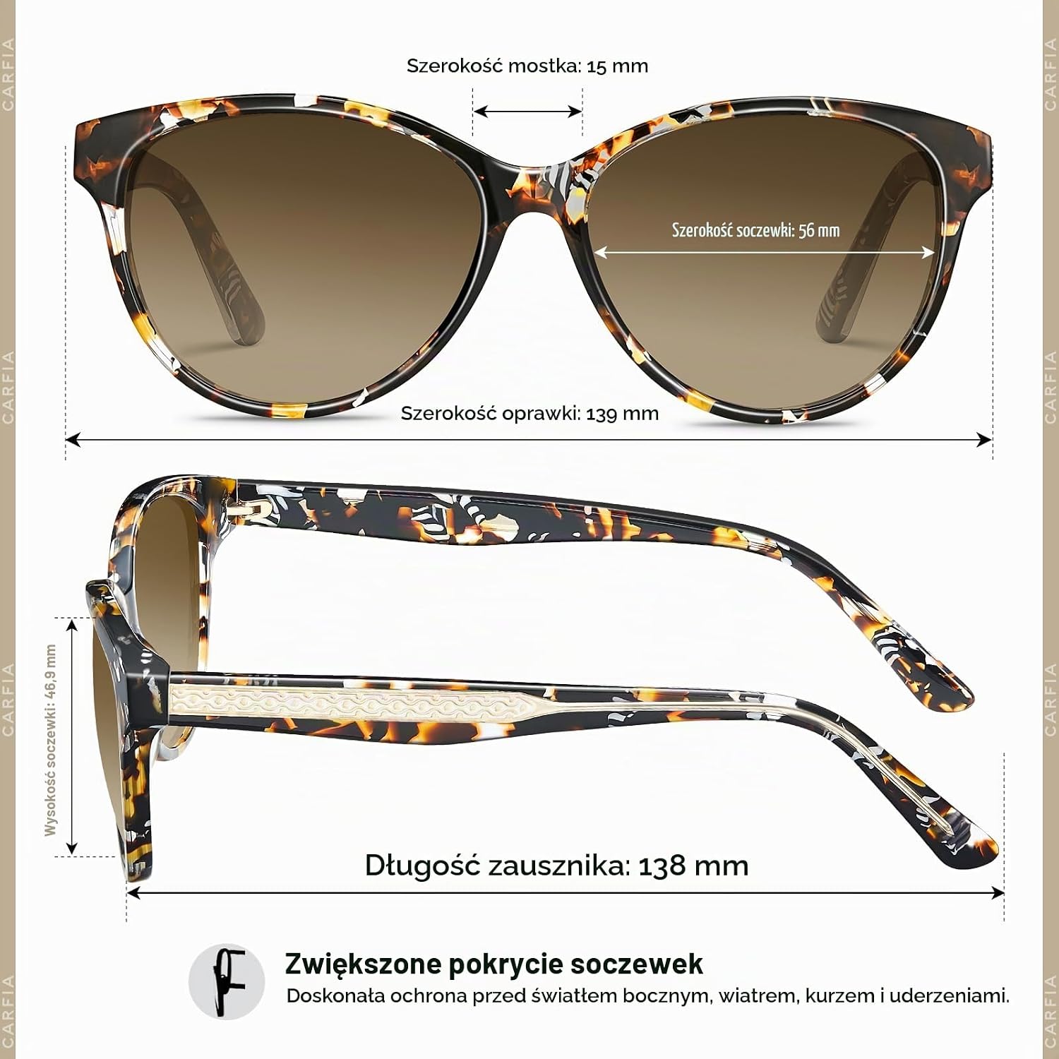 Detalle 2 de CARFIA damskie okulary przeciwsłoneczne lustrzane, polaryzacyjne UV400