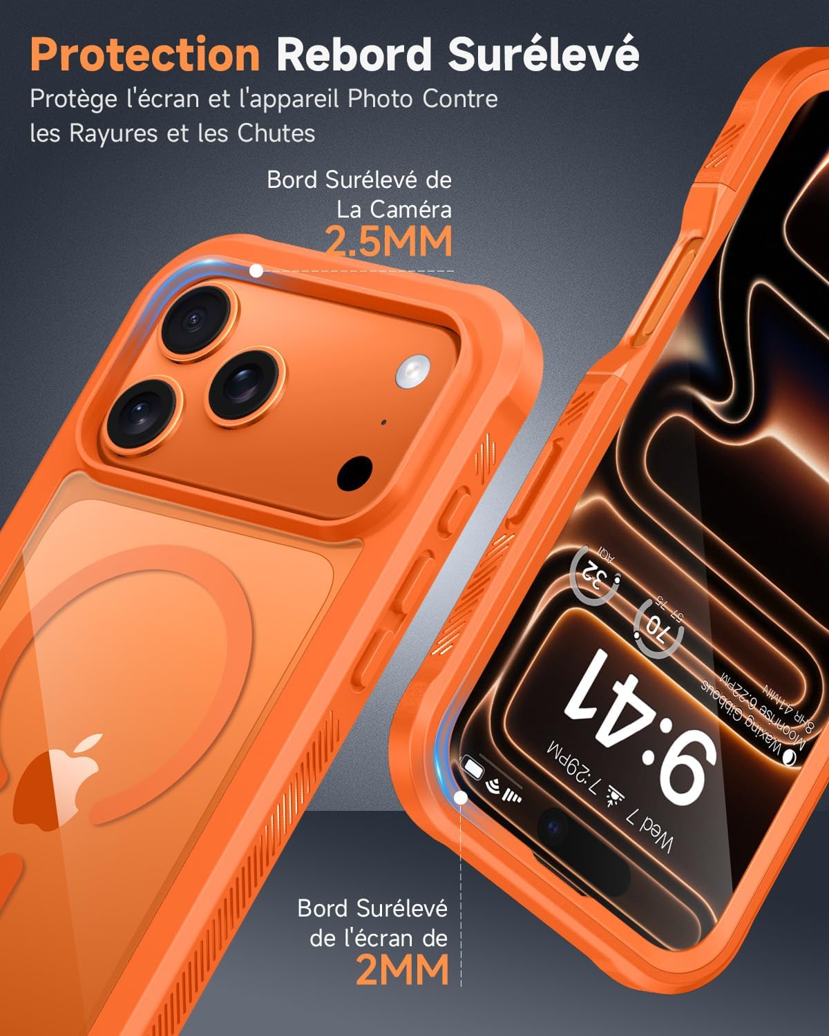 Detalle de Coque Magnétique Seacosmo pour iPhone 17 Pro – MagSafe, Protection 360° (Orange)