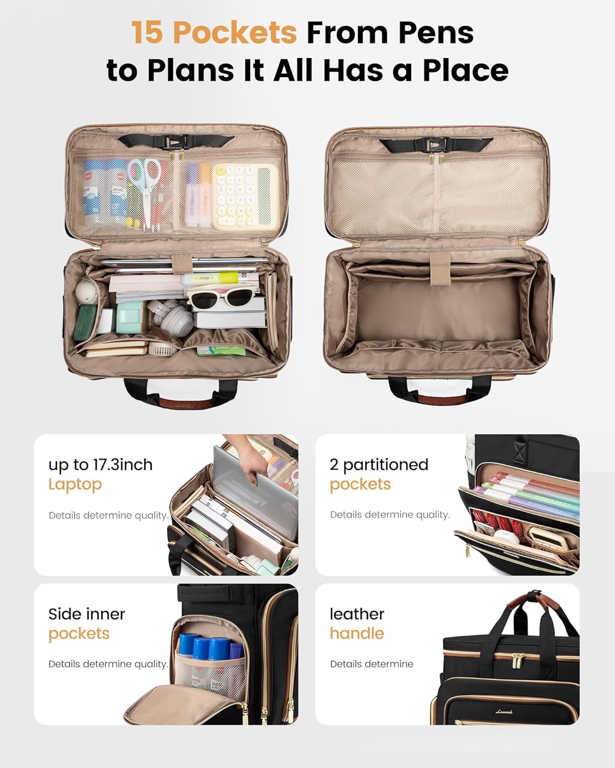 Thumbnail 4 de LOVEVOOK Rolling Teacher Bag with Detachable Dolly and Laptop Compartment (Large Rolling Tote) - Black-brown