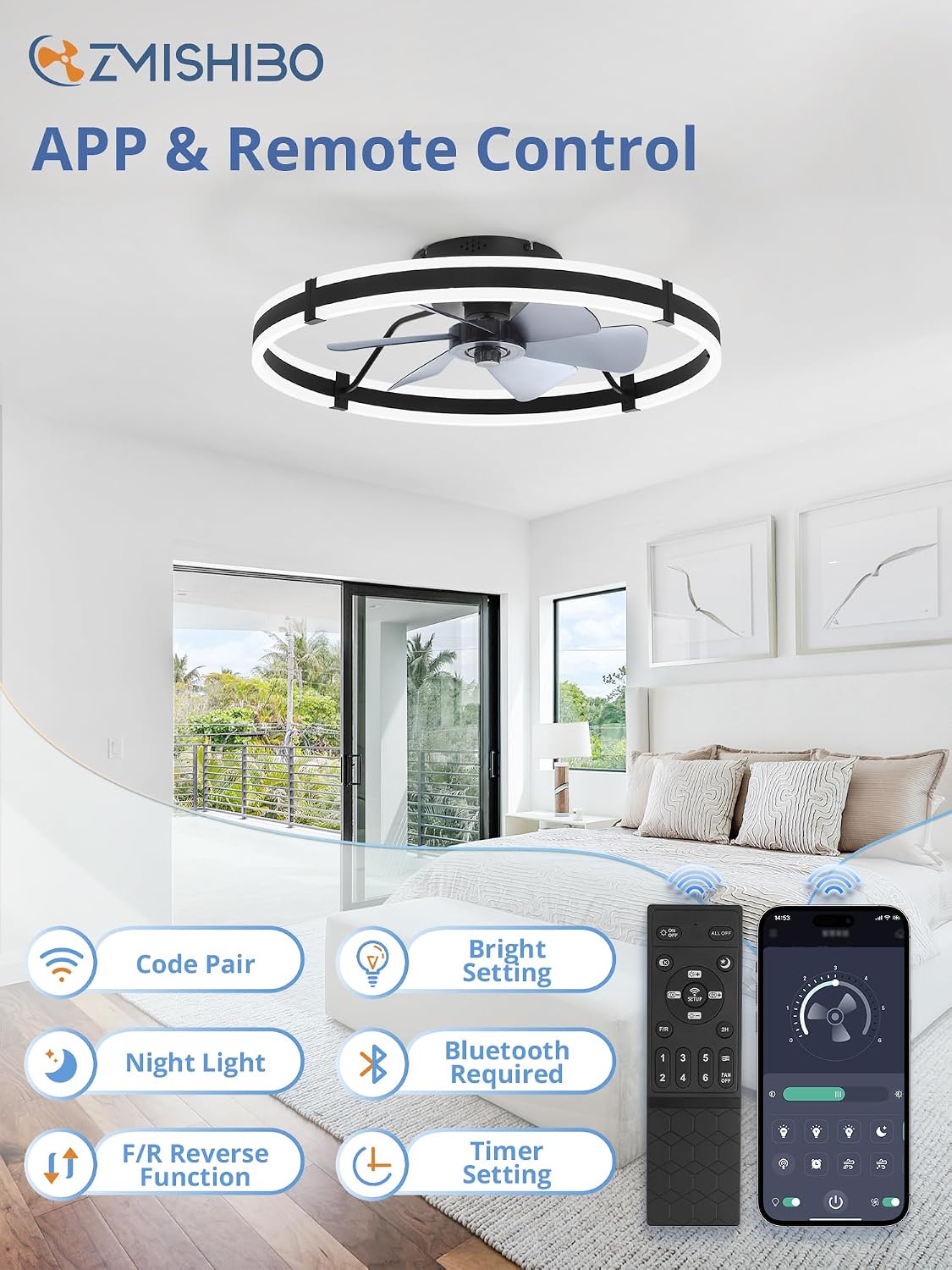 Detalle de ZMISHIBO 24 Inch Black Ceiling Fan with Lights and Remote