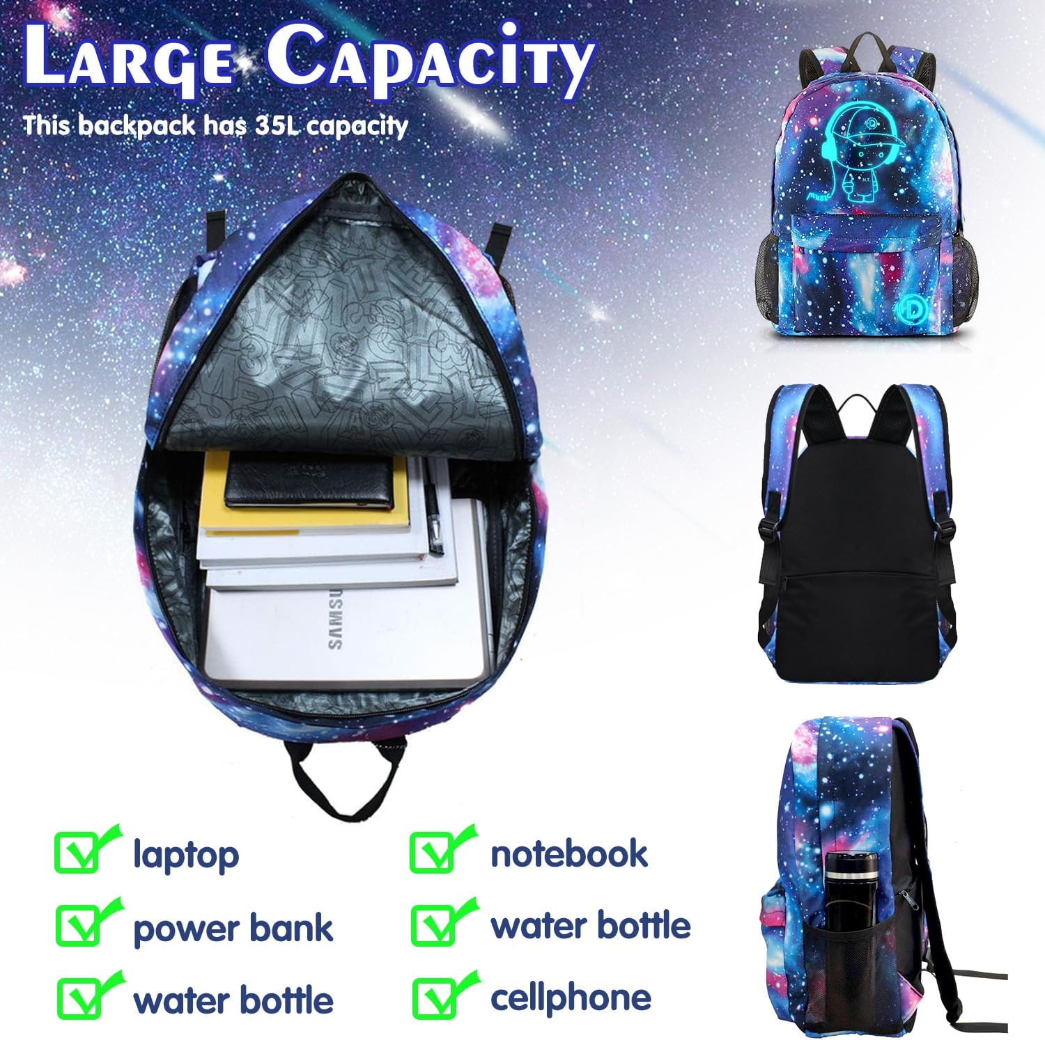 Thumbnail 4 de Dracarys Galaxy Luminous Backpack: Unisex School Bag with USB Charging, 15.6" Laptop Space and Included Stationery Bag
