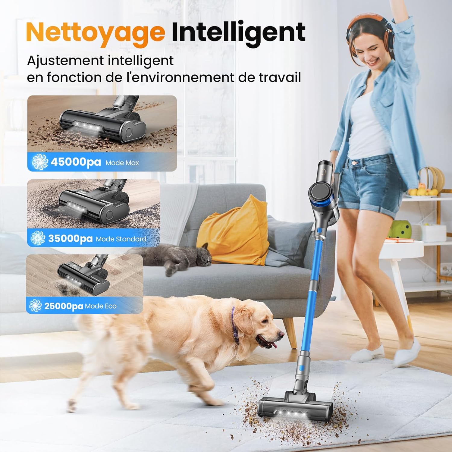 Thumbnail 1 de Aspirateur Balai Sans Fil 400W 45KPa avec Batterie Amovible et Écran LED – Nettoyage efficace pour tapis, sols et animaux