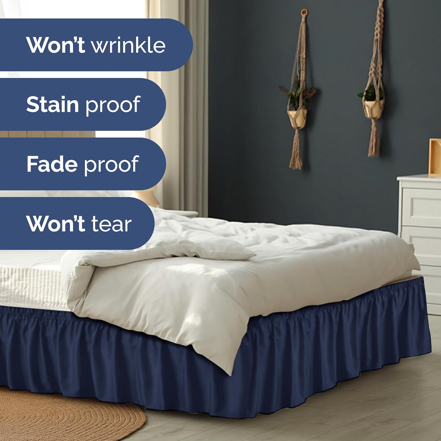 Thumbnail 4 de Wrap Around Dust Ruffle Bed Skirt (Navy Blue) for Queen Beds with 15 Inch Drop