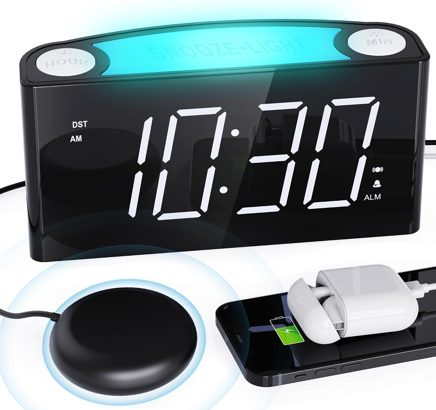 Detalle de Réveil numérique avec vibration pour dormeurs profonds et malentendants, chargeur C, format 12/24 h, écran LED grand format