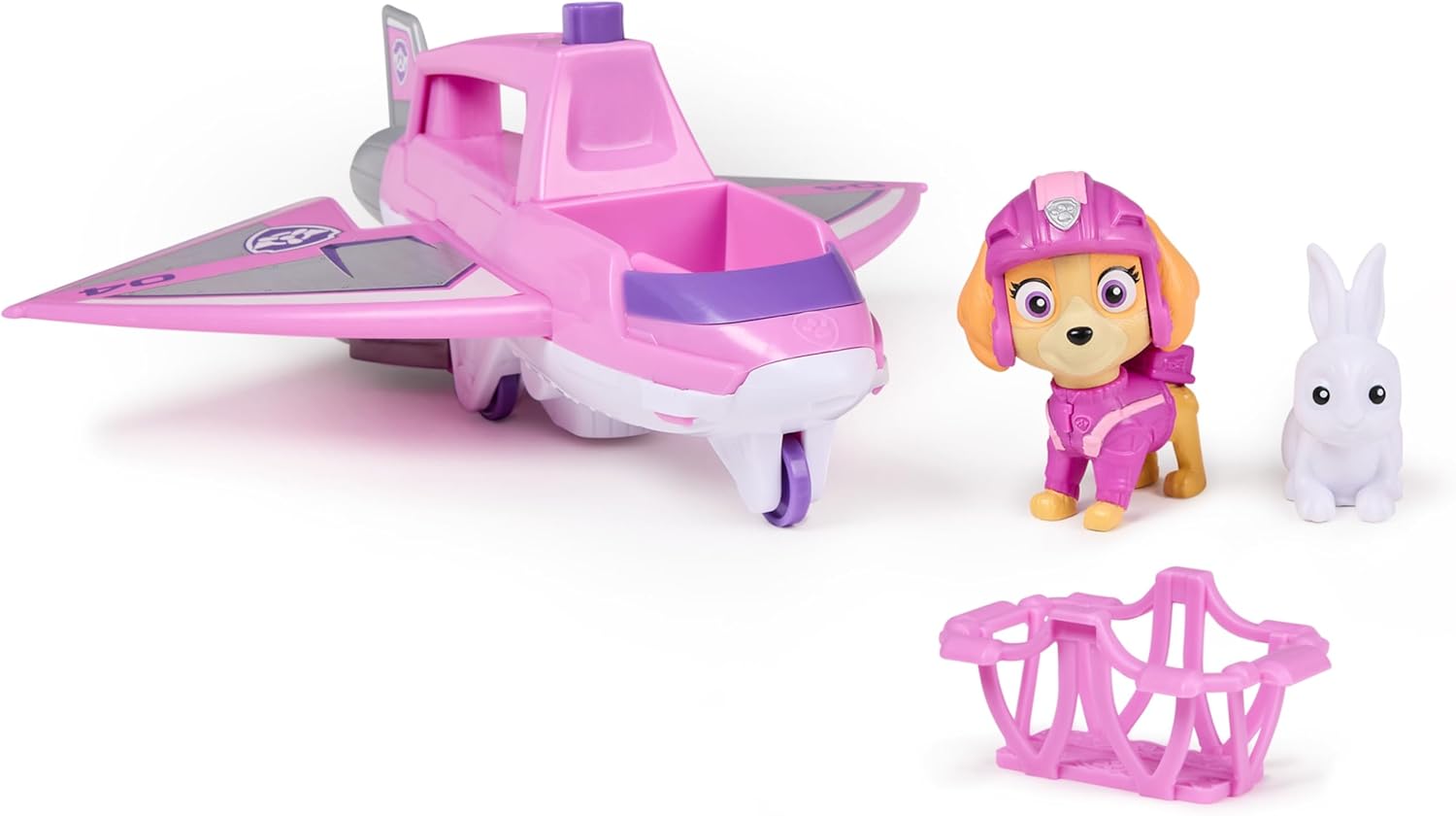 PAW Patrol Air Rescue Skyes Rettungsflugzeug – Basisfahrzeug mit einziehbarer Klaue, Rettungskorb, Skye- und Hasenfigur