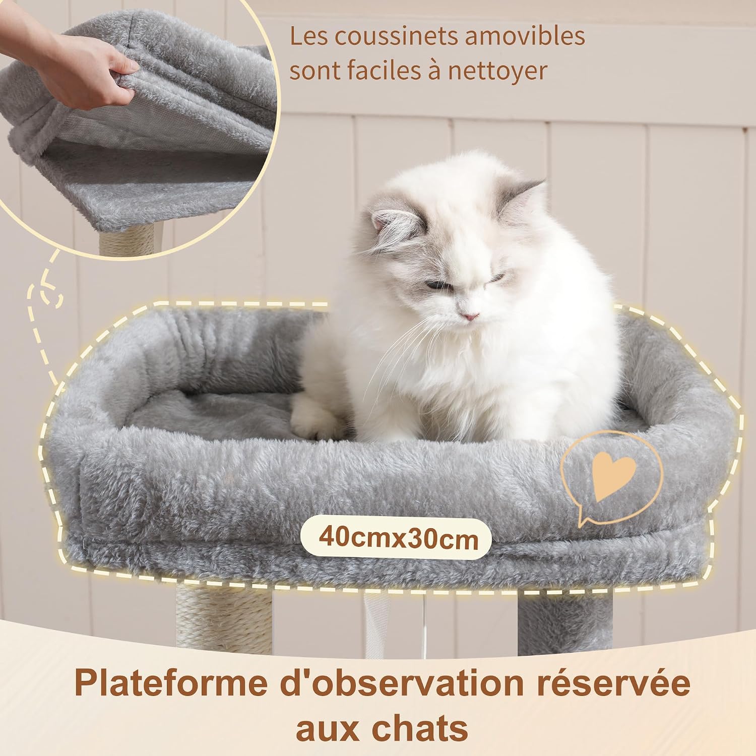 Detalle de Heybly Arbre à Chat, 92 cm – Escalier avec 2 Niches, Gaine SISAL et Plateforme supérieure, Gris Clair (HCT201SW)