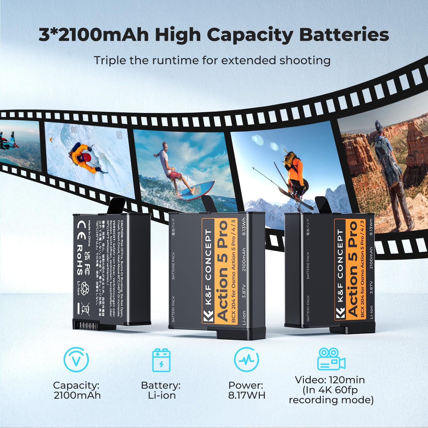 Thumbnail 2 de K&F CONCEPT Osmo Action 5 Pro Akku-Pack (3er-Set) mit 3-Fach-Ladegerät, 2100-mAh-Akkus – kompatibel zu DJI Osmo Action 6/5 Pro/4/3