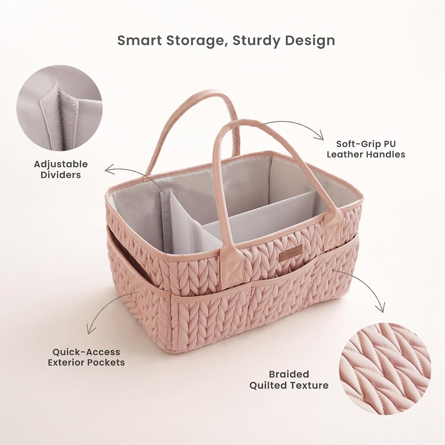 Detalle de Konssy Braided Blush Diaper Caddy with Removable Divider and PU Handles