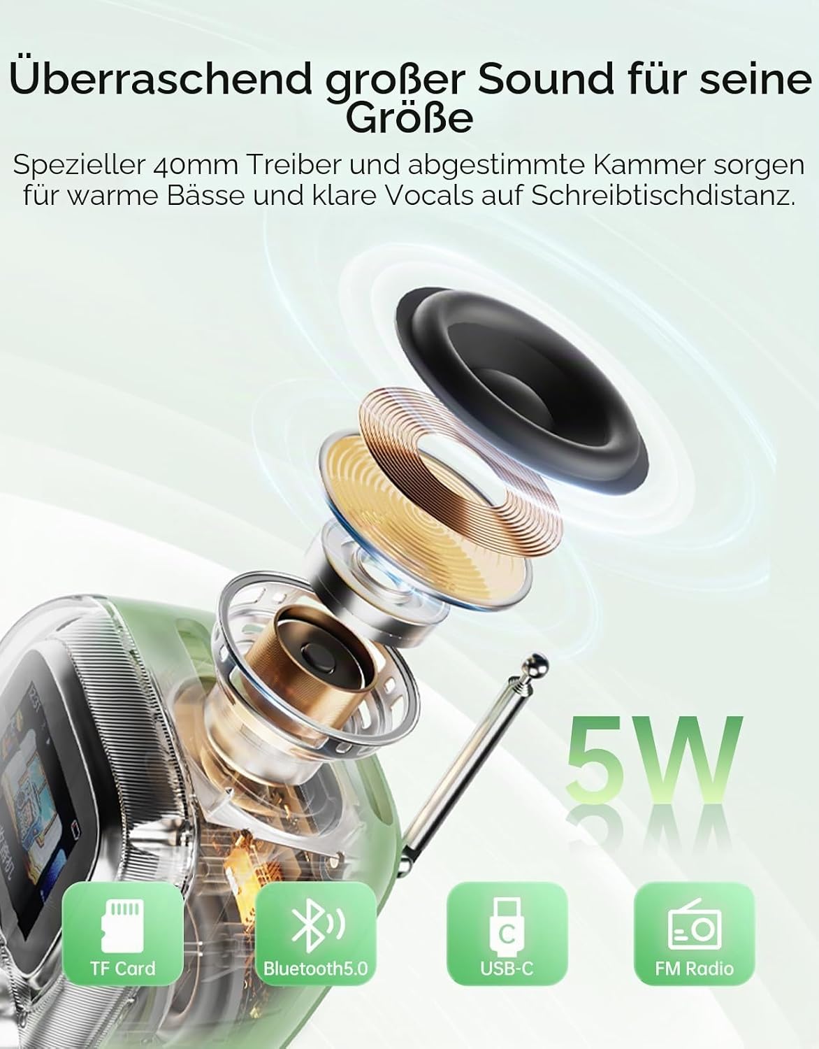 Detalle de Divoom Tiivoo-2: Tragbarer Bluetooth-Lautsprecher mit FM-Radio, Pixel Art und All-in-One-Assistent