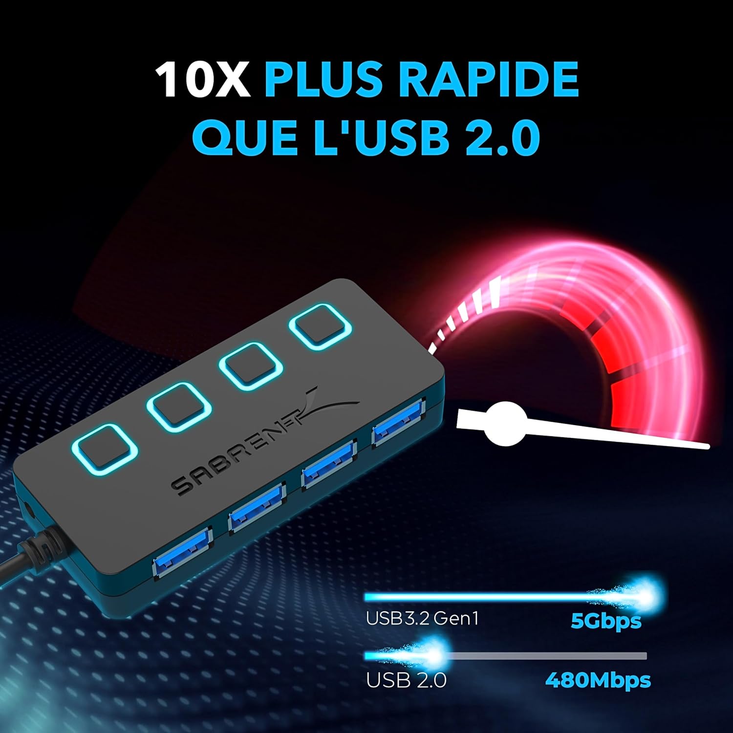 Detalle de SABRENT Hub USB alimenté 4 ports USB 3.0 ultra-rapide 5 Gbps (HB-UMP3) avec interrupteurs et voyants