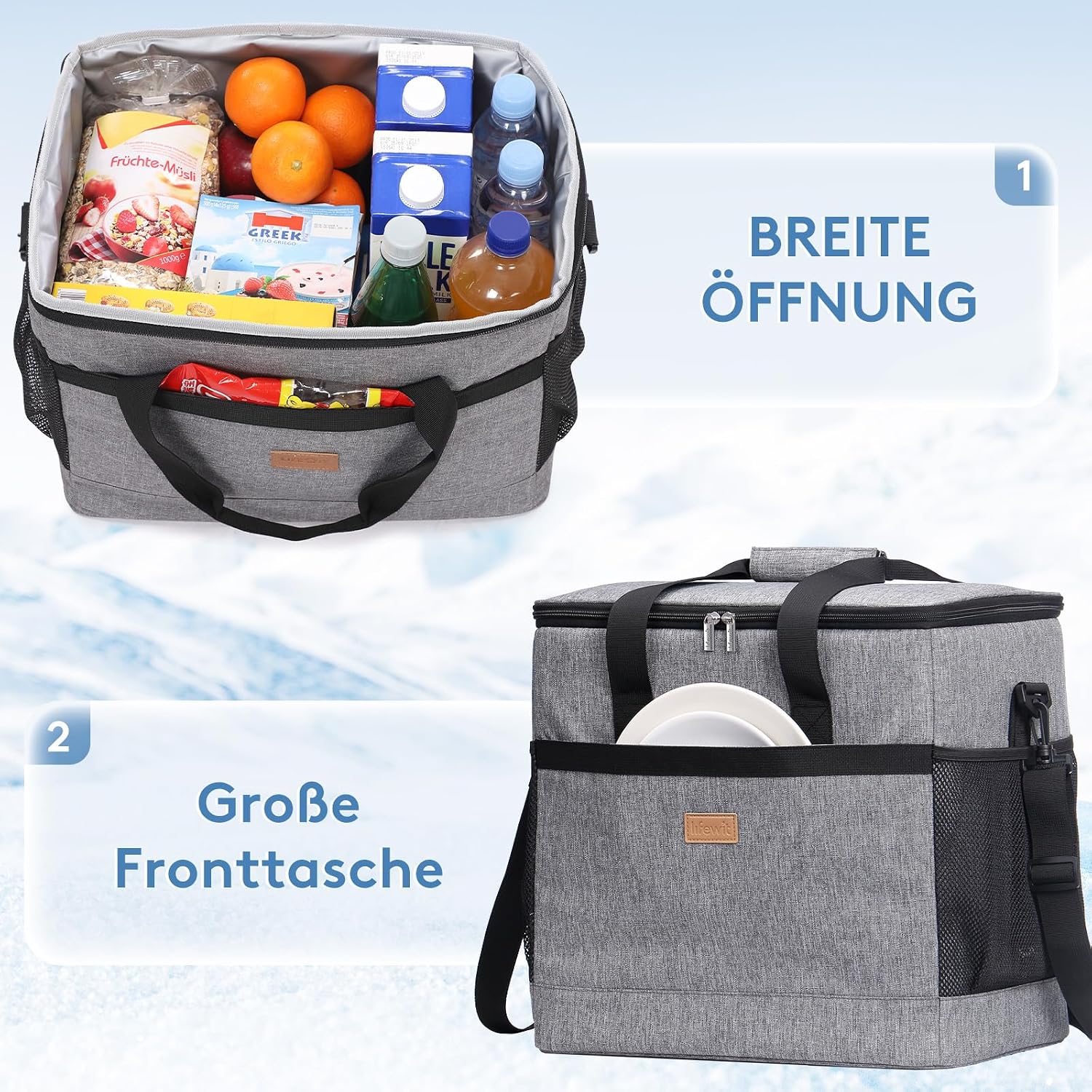 Detalle de Lifewit 30L Kühltasche Groß faltbar – Lebensmitteltransport & Picknicktasche Grau