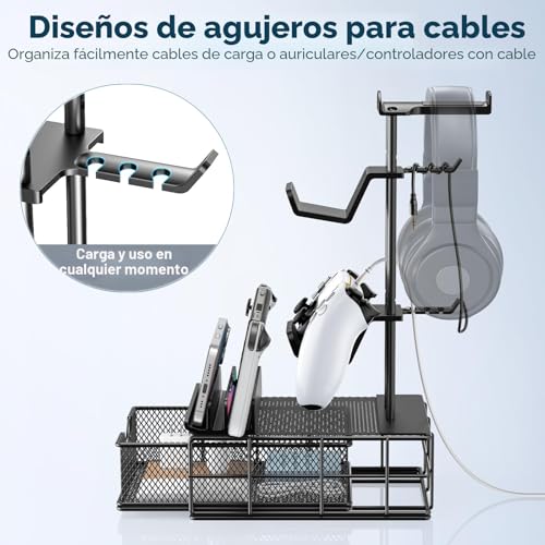 Thumbnail 2 de KDD Soporte Auriculares Gaming con Cajón y Organizador de Cables – Barra de Aluminio, 2 Mandos y USB/Dispositivos