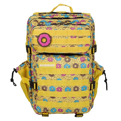 Detalle de Mochila Táctica 45L ELITRAINX – Cabina avión, Oxford 1000D impermeable, bolsillo para zapatillas y ordenador, Amarillo Donuts
