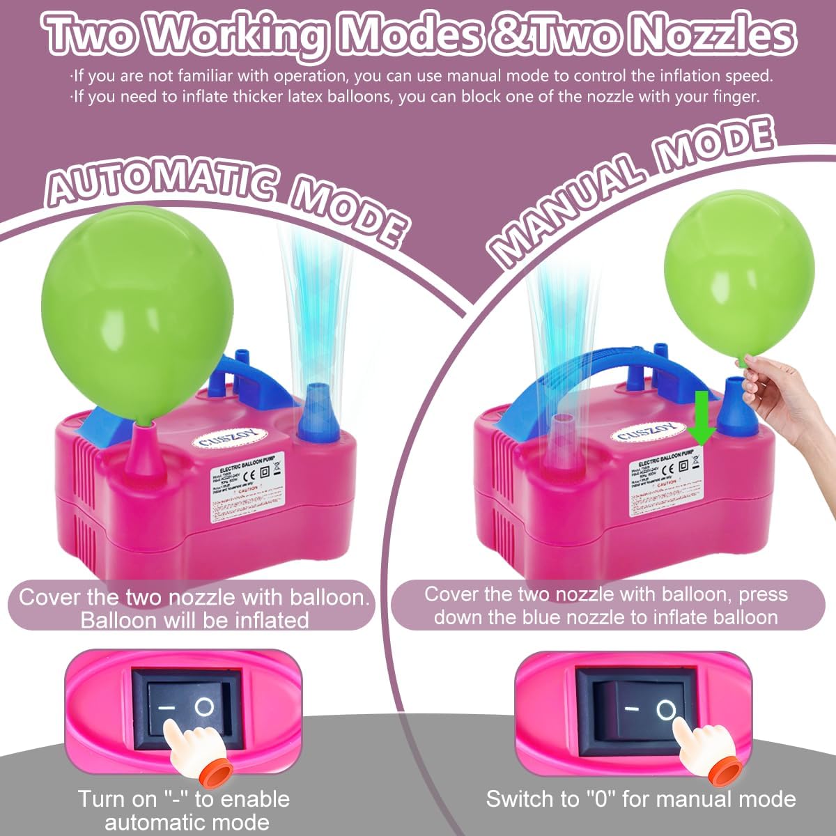 Detalle de CUSZOY RT-73005 Electric Balloon Pump, 600W, Dual Nozzle, Two Modes