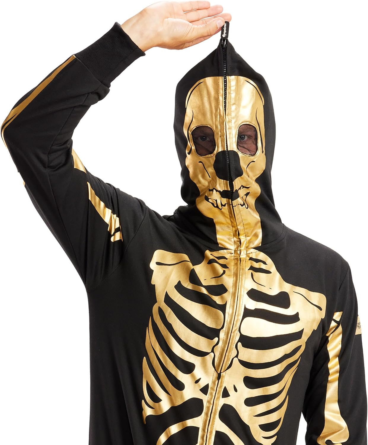 Thumbnail 5 de Tipsy Elves TE-JMP43 Men's Hooded Skeleton Costume Jumpsuit, Metallic Gold Print