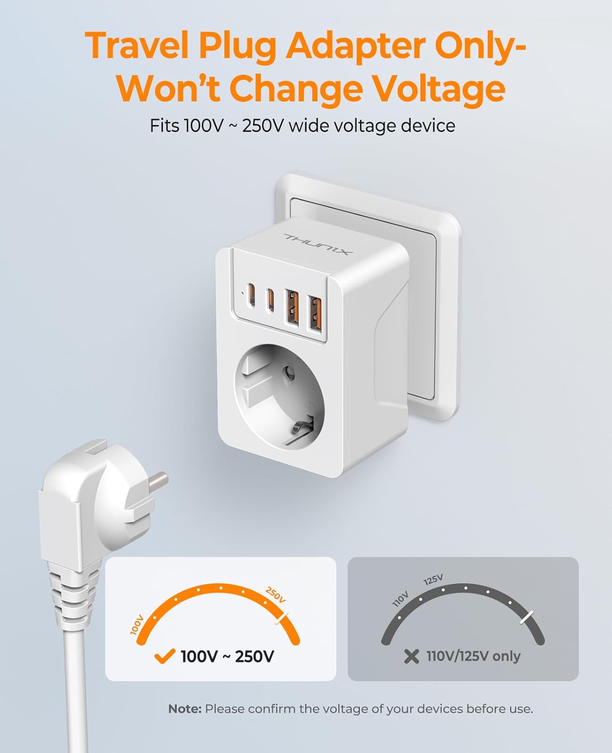 Thumbnail 5 de THUNIX adaptateur de voyage universel avec USB‑C PD 20W et 6 fiches détachables (UK/AUS/USA/Afrique du Sud/Japon/Europe) – Blanc