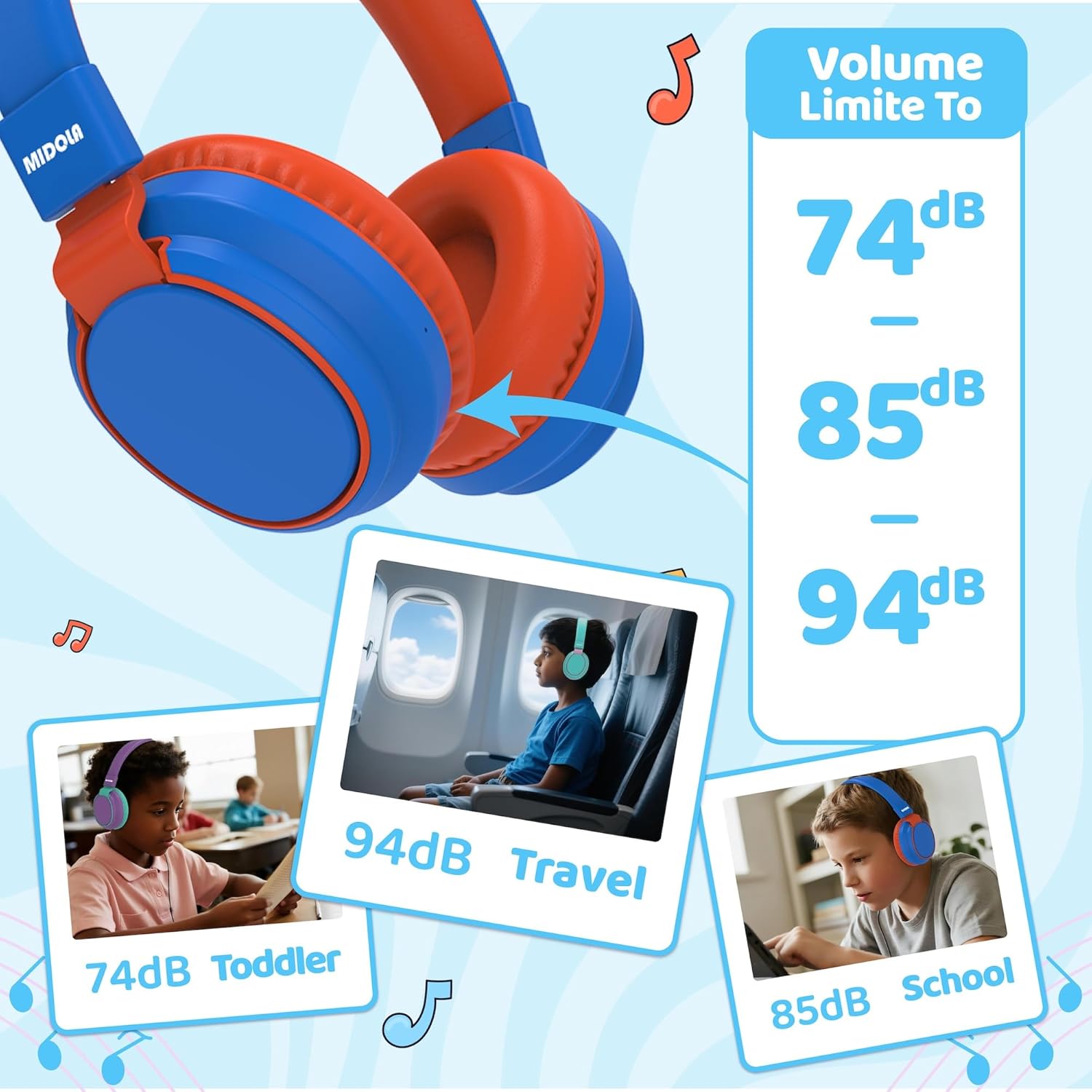 Thumbnail 3 de MIDOLA Kids Wireless Bluetooth Headphones with Safe Volume, 68H Play Time, Over-Ear Foldable Design