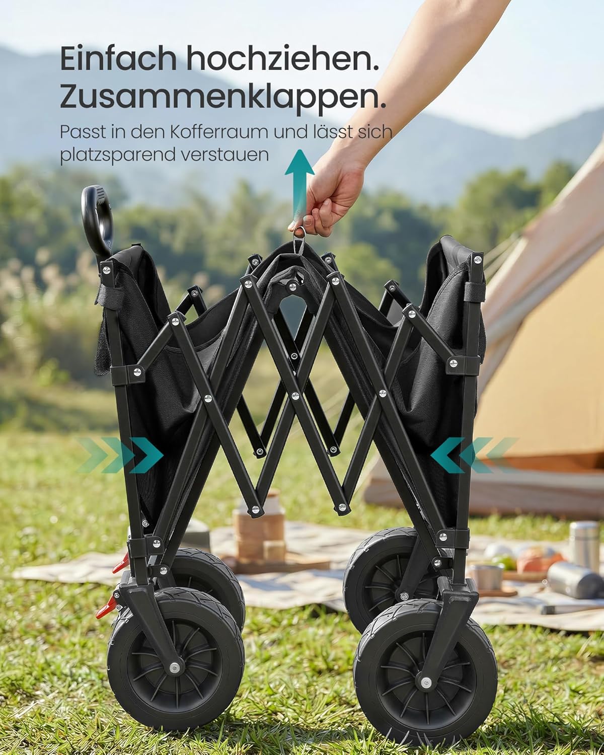 Detalle de SONGMICS Kleiner faltbarer Handwagen GFW201B101 – kompakt, belastbar bis 180 kg, 4 Rollen (2 universal), 63×23,5×78 cm, tintenschwarz