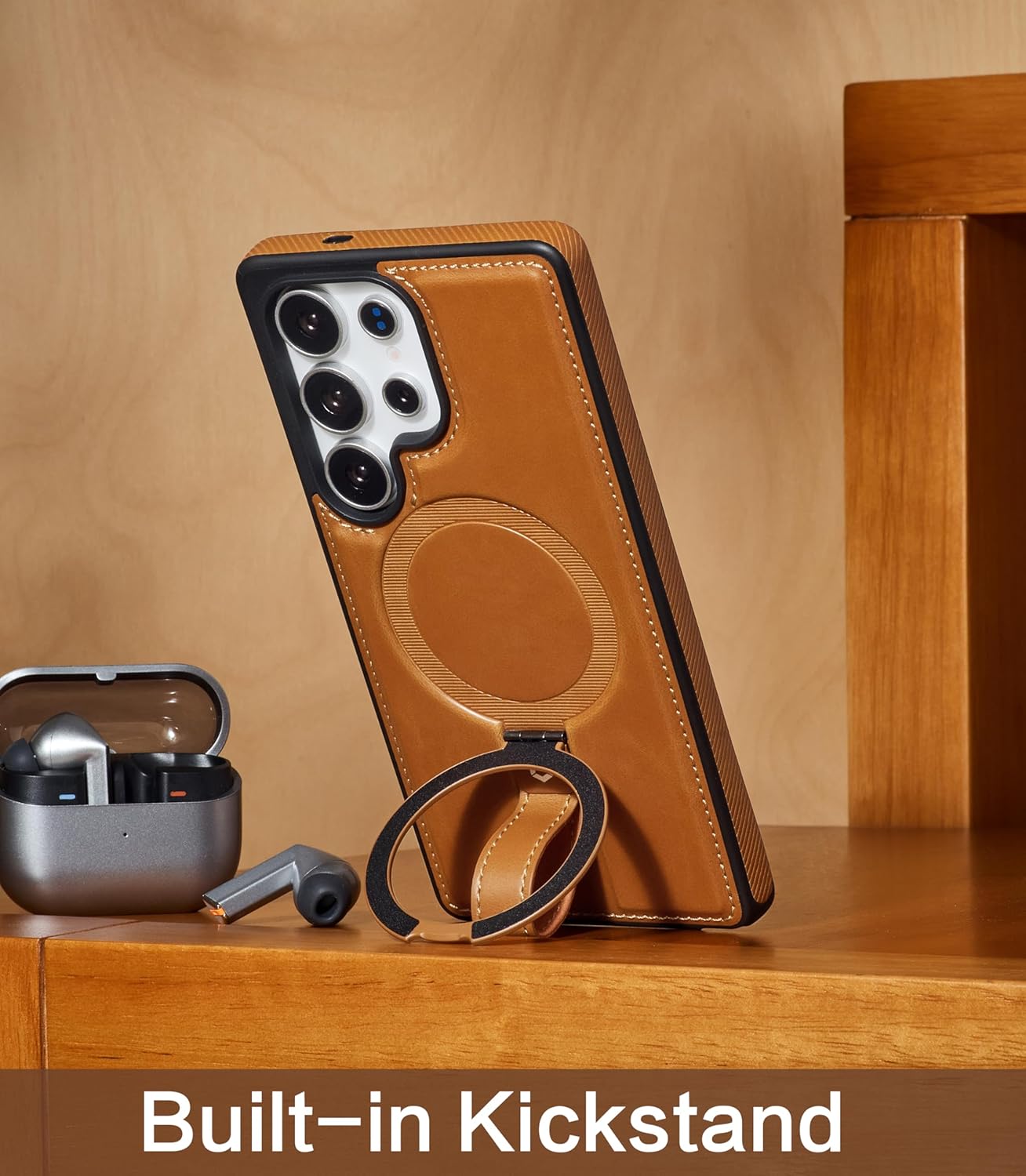 Thumbnail 5 de Butaiga Leather Case with Stand for Samsung Galaxy S26 Ultra (Brown) – Anti-Slip Grip Ring, MagSafe Compatible