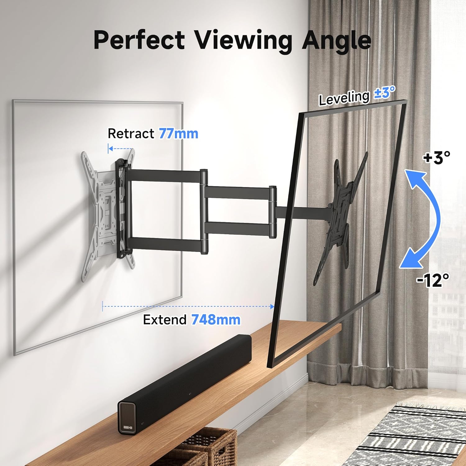 Detalle de XINLEI TV Wall Bracket Tilt Swivel Wall Mount (23–65"), Extendable up to 748mm
