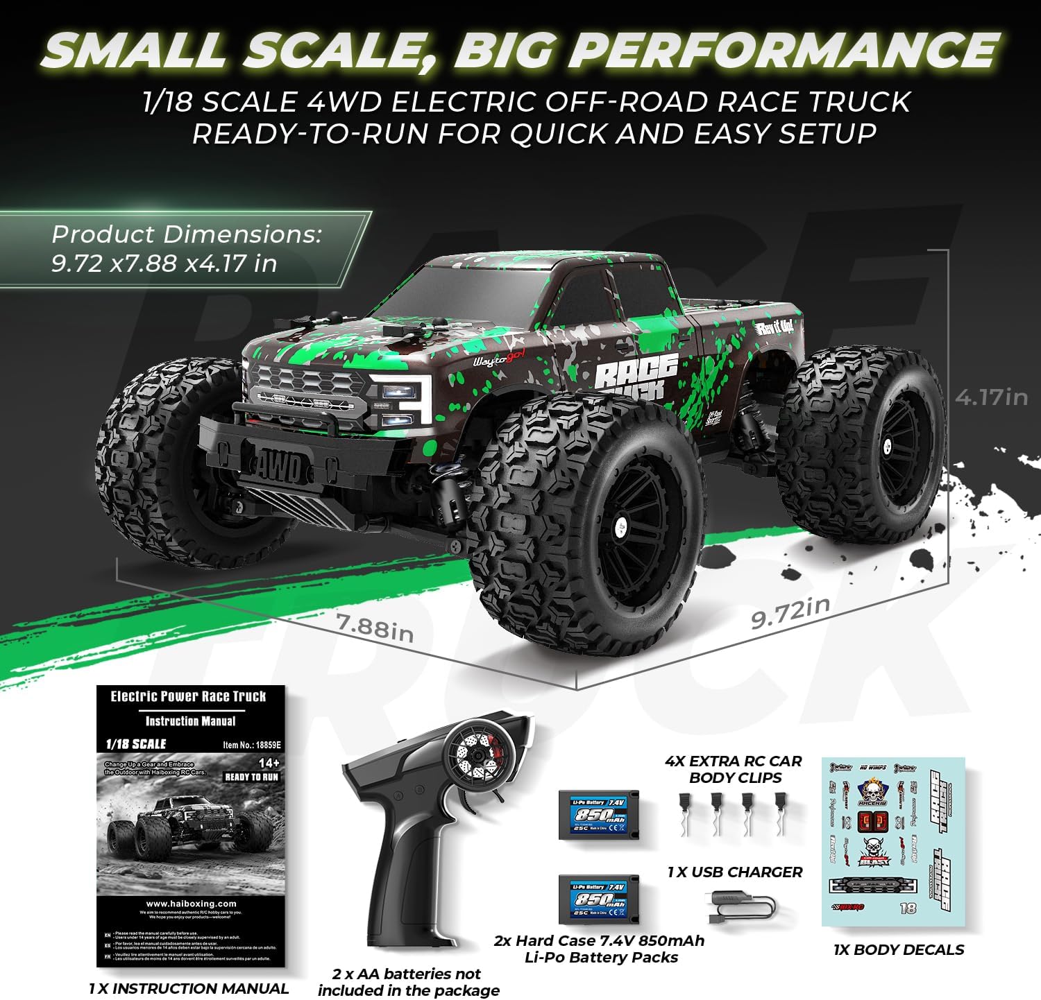Detalle 2 de HAIBOXING 18859E 1:18 4WD RC Truck with Oil-Filled Shocks