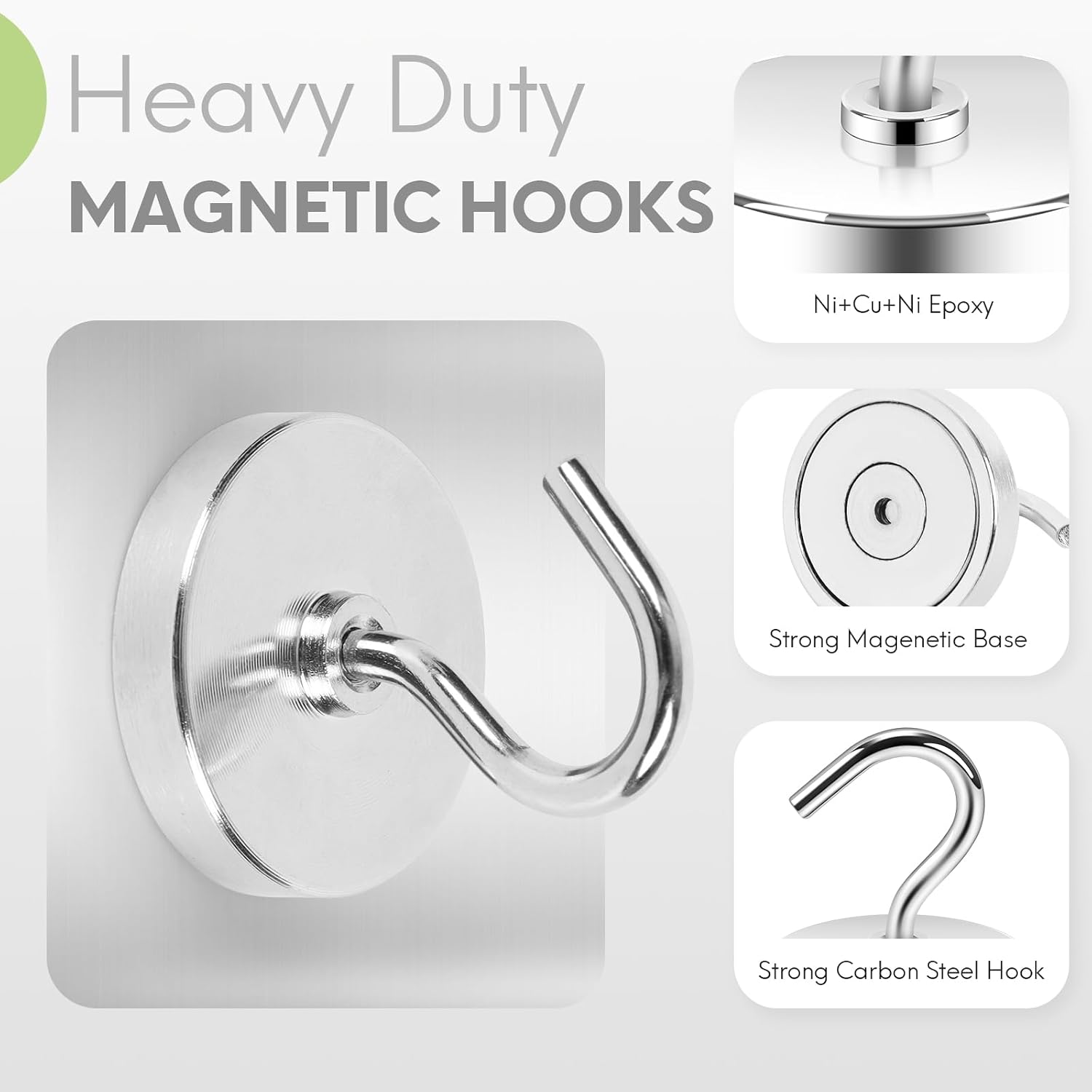 Detalle 2 de Neosmuk N6-EN8J-HTGM Magnetic Hooks, 4-Pack, Silver, Rust Resistant