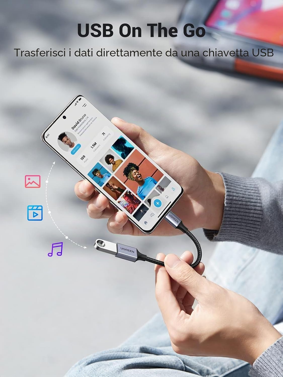 Detalle de UGREEN Cavo OTG Type-C maschio a USB 3.0 femmina 5 Gbps in nylon intrecciato (compatibile con iPhone, iPad, MacBook e Galaxy)